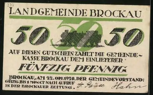 Notgeld Brockau 1920, 50 Pfennig, Geflügeltes Rad, Eisenbahner-Symbol