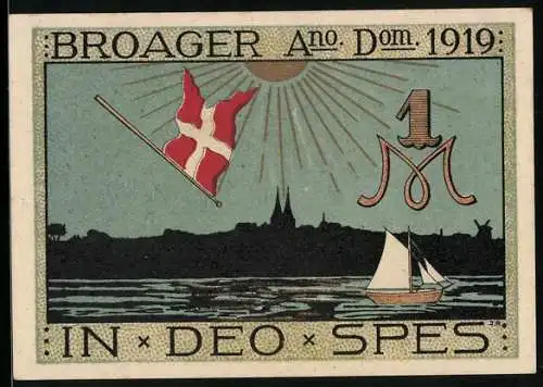 Notgeld Broacker, 1 Mark, Segelschiff und Flagge, Soldat