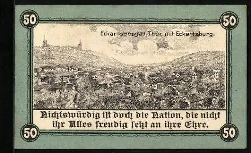 Notgeld Eckartsberga /Thür. 1921, 50 Pfennig, Ortsansicht mit der Eckartsburg