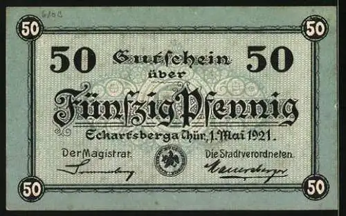 Notgeld Eckartsberga /Thür. 1921, 50 Pfennig, Ortsansicht mit der Eckartsburg