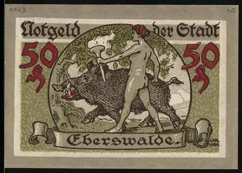 Notgeld Eberswalde 1918, 50 Pfennig, Allegorische Frauenfigur mit Fackel und Eber