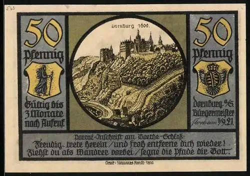 Notgeld Dornburg a. d. Saale 1921, 50 Pfennig, Goethe mit Christiane und August