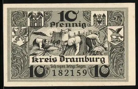 Notgeld Dramburg 1920, 10 Pfennig, Bauern bei der Ernte