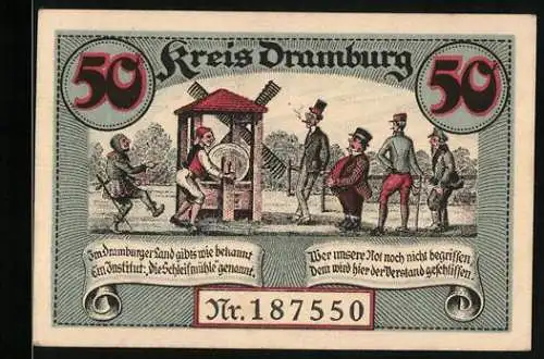 Notgeld Dramburg 1920, 50 Pfennig, Besucher an der Schleifmühle