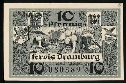 Notgeld Dramburg 1920, 10 Pfennig, Bauern beim Einholen der Ernte