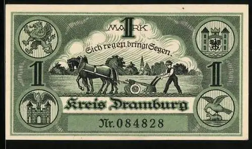 Notgeld Dramburg 1920, 1 Mark, Mann am Pferdepflug