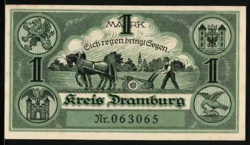 Notgeld Dramburg 1920, 1 Mark, Bauer am Pferdepflug