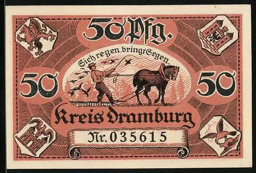 Notgeld Dramburg 1920, 50 Pfennig, Bauer am Pferdepflug