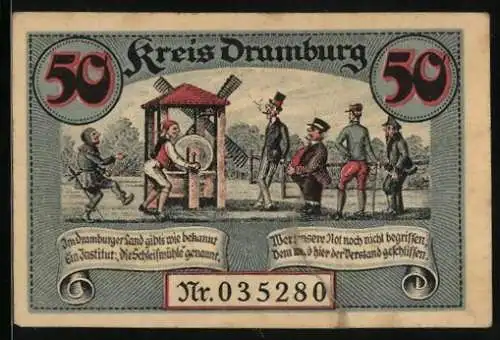 Notgeld Dramburg 1920, 50 Pfennig, Menschen stehen an der Schleifmühle