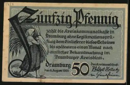 Notgeld Dramburg 1920, 50 Pfennig, Menschen stehen an der Schleifmühle