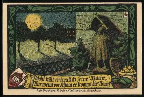 Notgeld Calbe a. d. Saale 1917, 50 Pfennig, Mann weint vor Scham bei Nacht