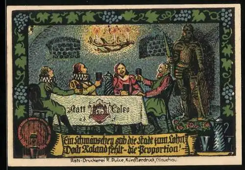 Notgeld Calbe a. d. Saale 1917, 50 Pfennig, Männer beim Umtrunk, Rolandsstatue