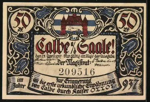 Notgeld Calbe a. d. Saale 1917, 50 Pfennig, Männer beim Umtrunk, Rolandsstatue