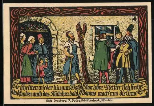 Notgeld Calbe a. d. Saale 1917, 50 Pfennig, Der Holzstecher mit dem Baumstamm