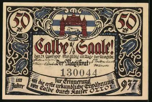 Notgeld Calbe a. d. Saale 1917, 50 Pfennig, Der Holzstecher mit dem Baumstamm