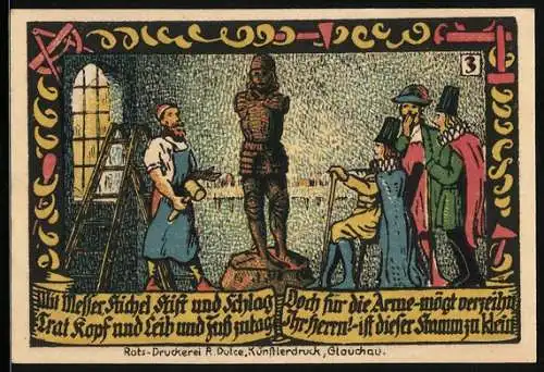 Notgeld Calbe a. d. Saale 1917, 50 Pfennig, Der Holzstecher und die Statue ohne Arme