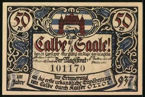 Notgeld Calbe a. d. Saale 1917, 50 Pfennig, Der Holzstecher und die Statue ohne Arme