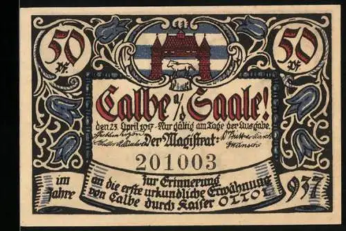 Notgeld Calbe a. d. Saale 1917, 50 Pfennig, Der Holzstecher soll aus einer Eiche einen Roland formen