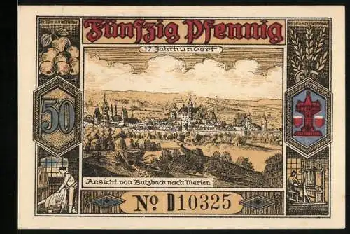 Notgeld Butzbach 1921, 50 Pfennig, Ansicht nach Merian aus dem 17. Jahrhundert