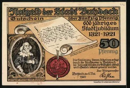 Notgeld Butzbach 1921, 50 Pfennig, Ansicht nach Merian aus dem 17. Jahrhundert