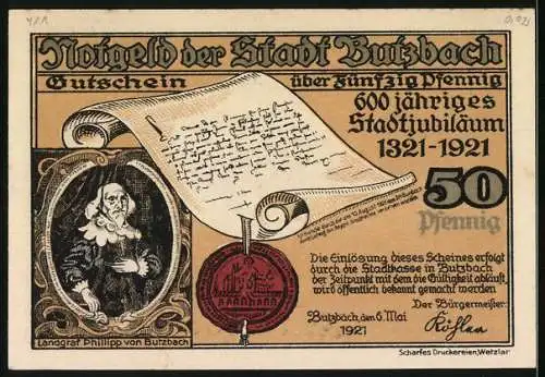 Notgeld Butzbach 1921, 50 Pfennig, Der Marktplatz im 20. Jahrhundert