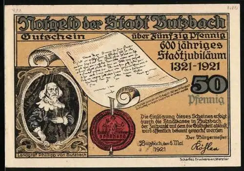 Notgeld Butzbach 1921, 50 Pfennig, Die Landgräfliche Rechnei im 18. Jahrhundert