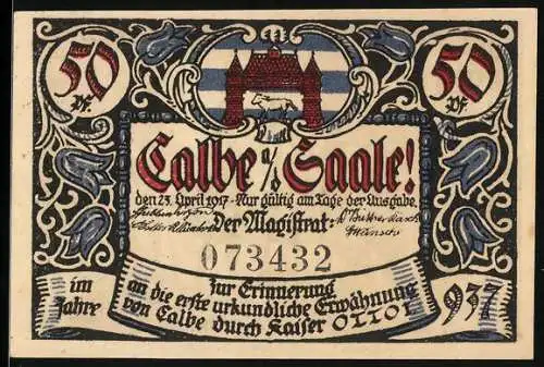 Notgeld Calbe a. d. Saale 1917, 50 Pfennig, Der Rat schreitet durch das Tor