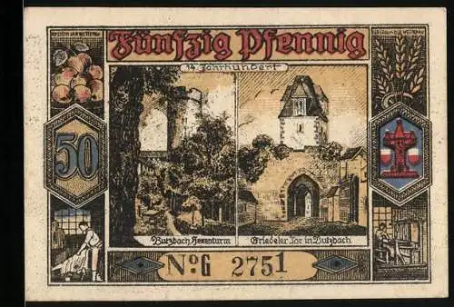 Notgeld Butzbach 1921, 50 Pfennig, Hexenturm und Griedeler Tor im 14. Jahrhundert