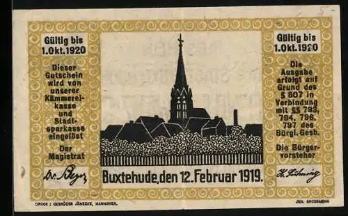 Notgeld Buxtehude 1919, 25 Pfennig, Silhouette der Stadt mit der Kirche