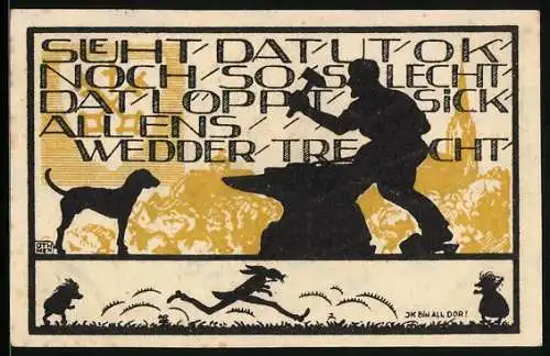 Notgeld Buxtehude, 25 Pfennig, Schmied am Amboss mit seinem Hund