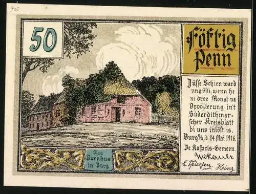 Notgeld Burg s. D. 1916, 50 Pfennig, Windmühle und altes Bauernhaus