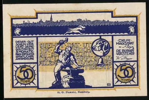 Notgeld Buxtehude, 50 Pfennig, Der Schmied bei der Arbeit