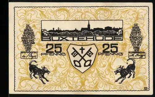 Notgeld Buxtehude, 25 Pfennig, Silhouette der Stadt, Rennen zwischen Hase und Igel