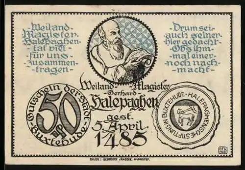 Notgeld Buxtehude 1921, 50 Pfennig, Das Rathaus, Weiland Gerhard Halepaghen