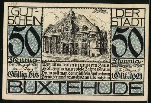 Notgeld Buxtehude 1921, 50 Pfennig, Das Rathaus, Weiland Gerhard Halepaghen