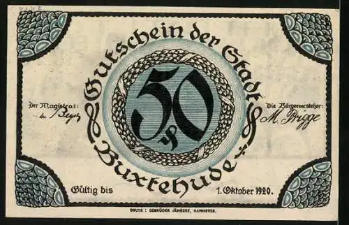 Notgeld Buxtehude, 50 Pfennig, Schmied und Hund, Hase und Igel