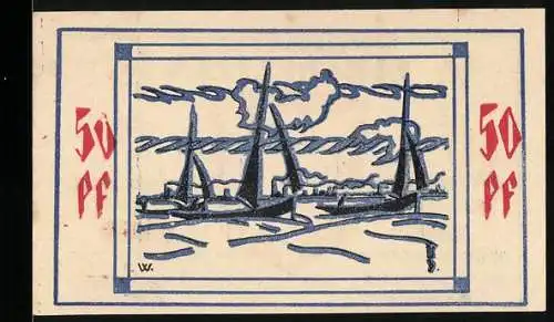Notgeld Bullenkuhlen, 50 Pfennig, Segelboote auf dem Wasser