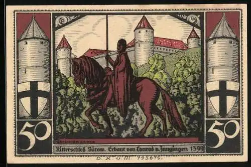 Notgeld Bütow /Pom., 50 Pfennig, Das Ritterschloss und ein berittener Ritter
