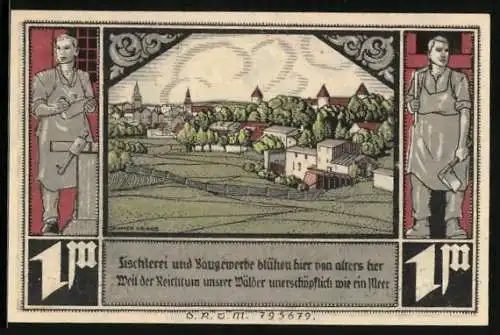 Notgeld Bütow /Pom., 1 Mark, Ortsansicht, Tischler und Hausbauer