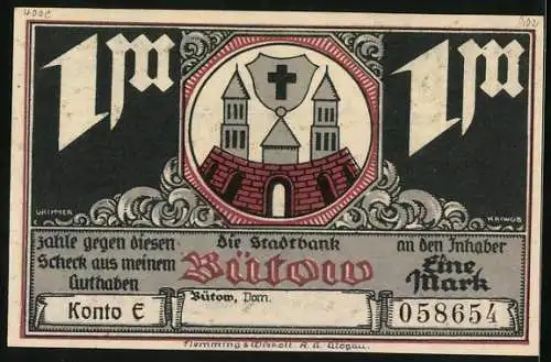 Notgeld Bütow /Pom., 1 Mark, Ortsansicht, Tischler und Hausbauer