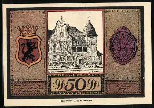 Notgeld Papenburg 1921, 50 Pfennig, Partie am Rathaus