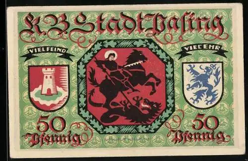 Notgeld Pasing 1918, 50 Pfennig, Reiter ersticht einen Drachen, Heraldik