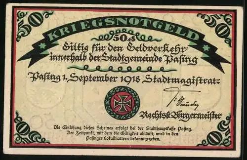 Notgeld Pasing 1918, 50 Pfennig, Reiter ersticht einen Drachen, Heraldik