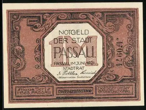Notgeld Passau 1921, 1 Mark, Hans Gerl v. Süching