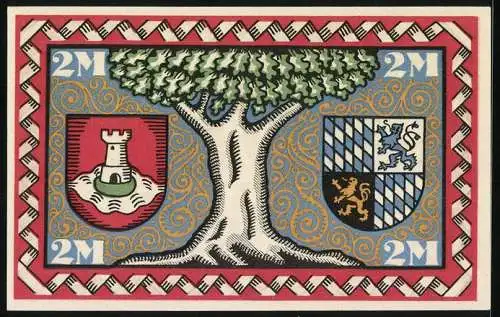 Notgeld Pasing 1918, 2 Mark, Baum trennt zwei Wappen