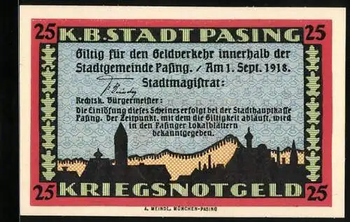 Notgeld Pasing 1918, 25 Pfennig, Silhouette der Stadt, drei Wappen
