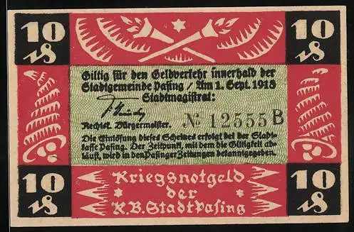 Notgeld Pasing 1918, 10 Pfennig, Wappen mit einem Turm