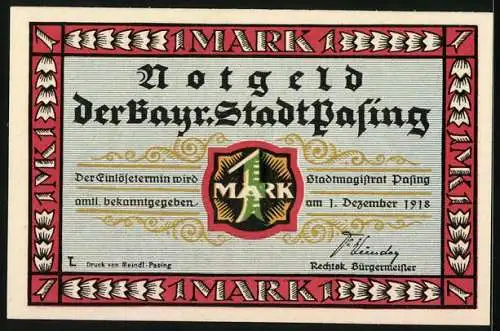 Notgeld Pasing 1918, 1 Mark, Bayrisches Wappen und Wappen Pasing