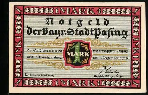 Notgeld Pasing 1918, 1 Mark, Die Wappen von Bayern und Pasing