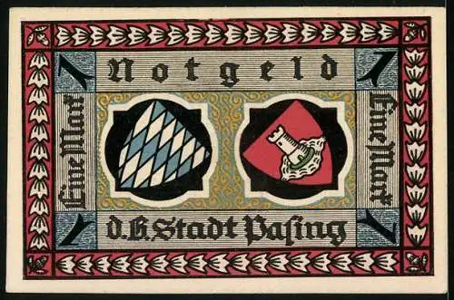 Notgeld Pasing 1918, 1 Mark, Die Wappen von Bayern und Pasing